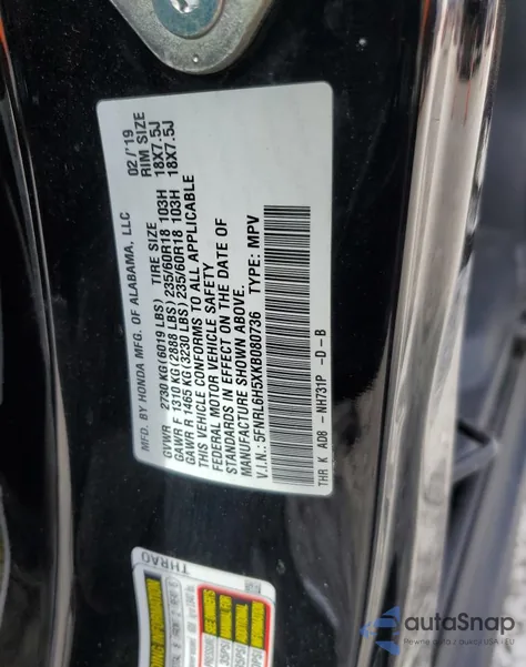 2019 Honda Odyssey Ex from USA, damaged, VIN 5FNRL6H5XKB080736